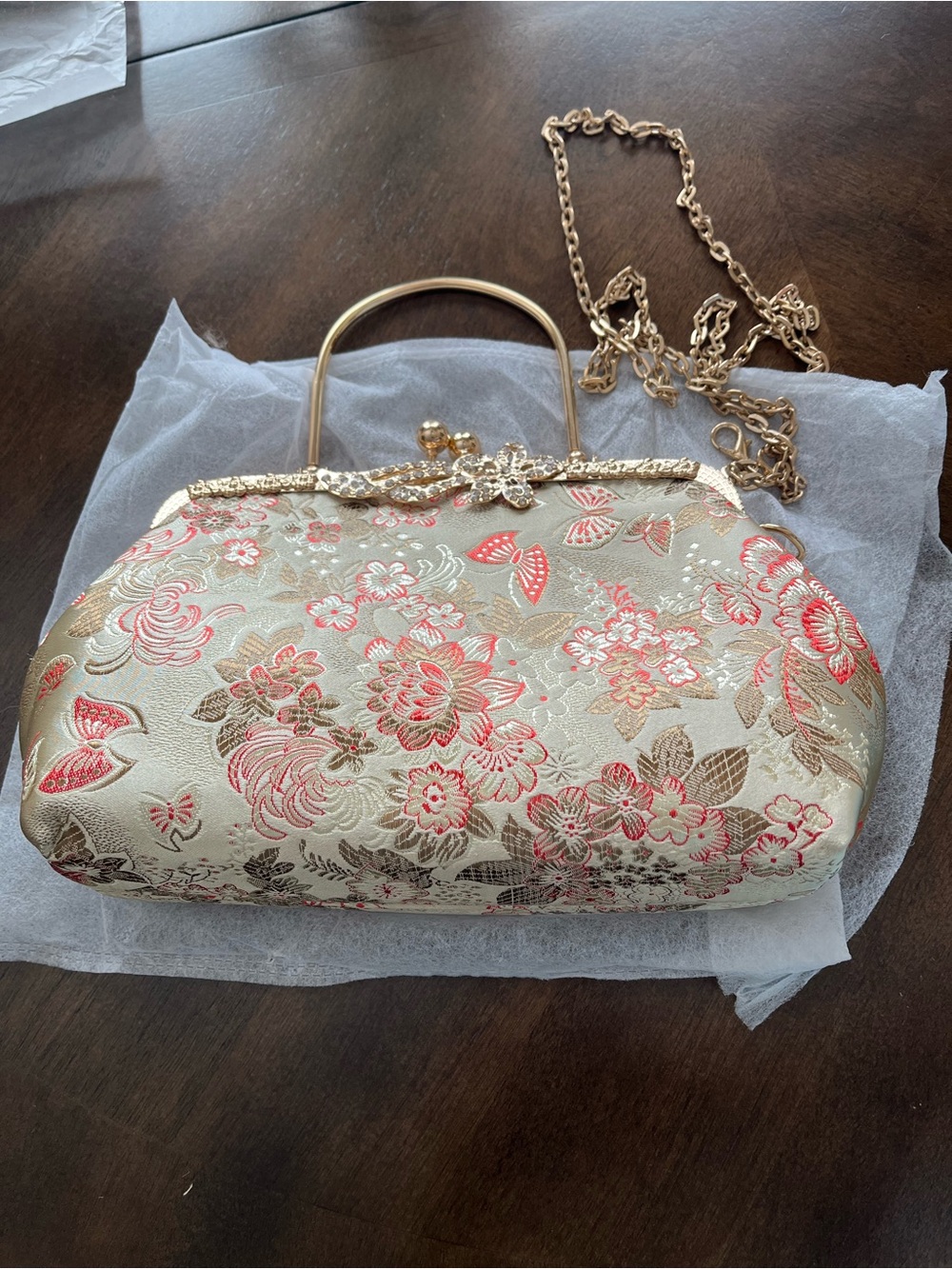 Gold and Coral Floral Brocade Evening Bag with Shoulder Chain and Handle